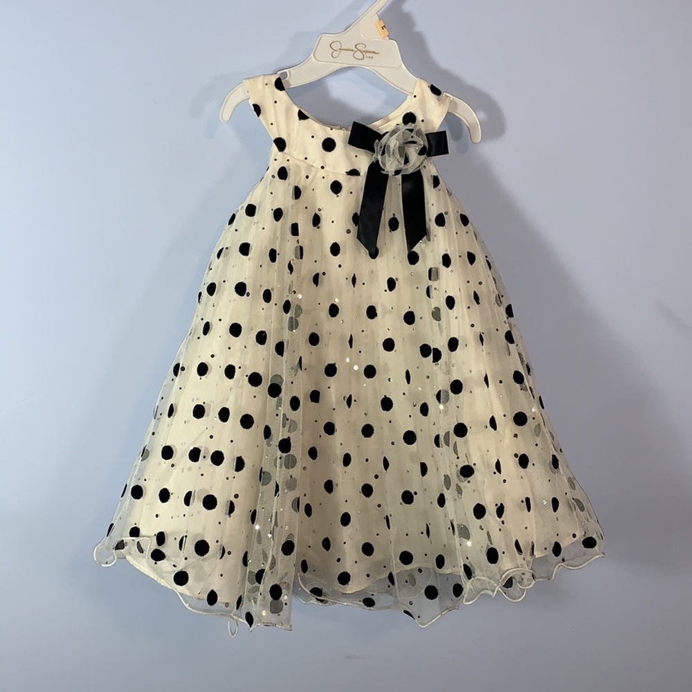 Bonnie baby dress party swing sleeveless trapeze white black velvet dots 24 mo